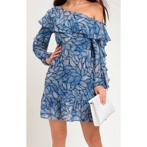 Lulus Blue Leaf Print One Shoulder Ruffle Mini Dress Size S
